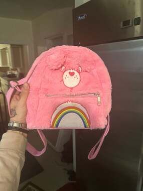 Care Bears Cheer Bear Pink Plush Faux Fur Mini Backpack with Rainbow Detail